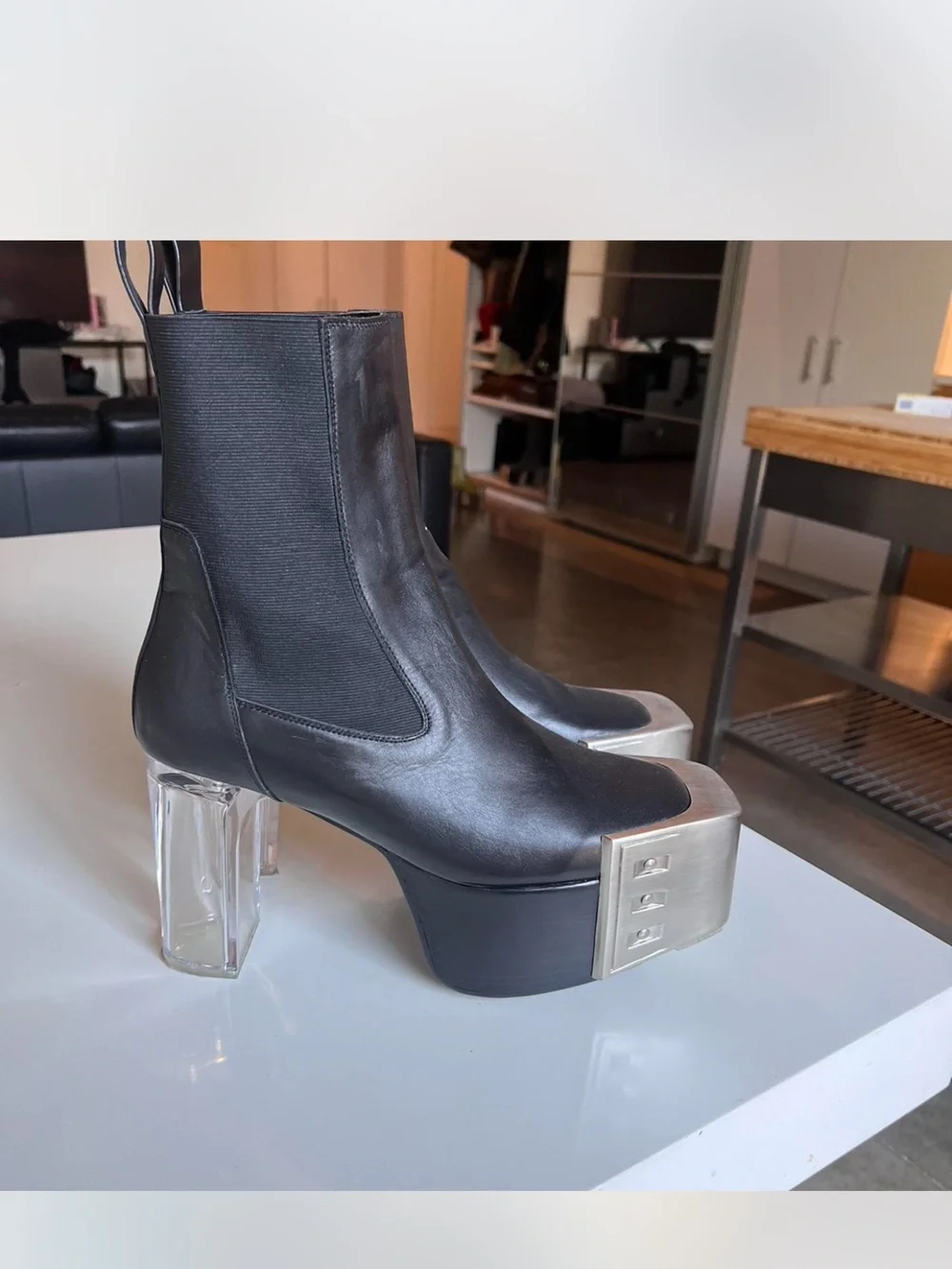 Rick Owens Black Leather Ankle Boots with Silver Metal Toe Caps